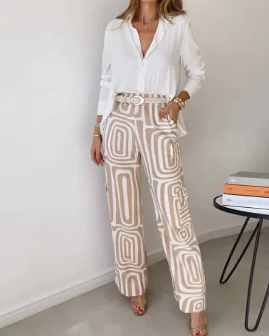 Printed Lapel Shirt & Wide-Leg Pants Set