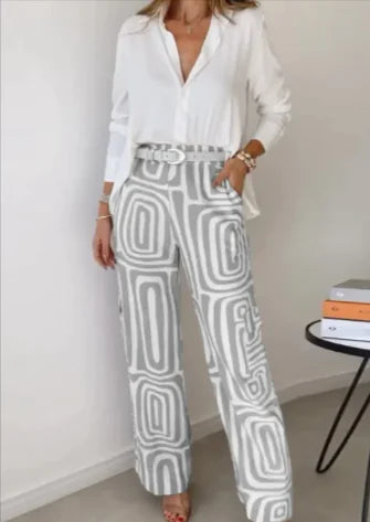 Printed Lapel Shirt & Wide-Leg Pants Set