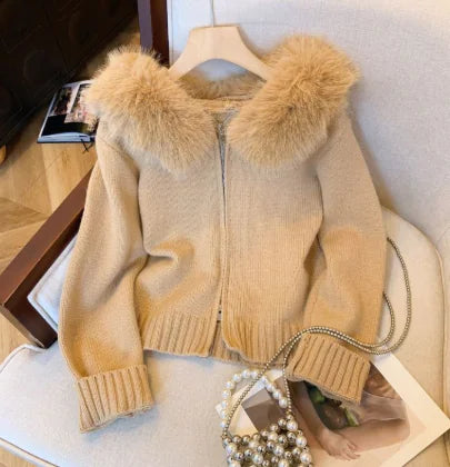 Double Zipper Fur Collar Stitching Design Sense Hooded Knit Cardigan