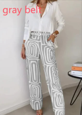 Printed Lapel Shirt & Wide-Leg Pants Set