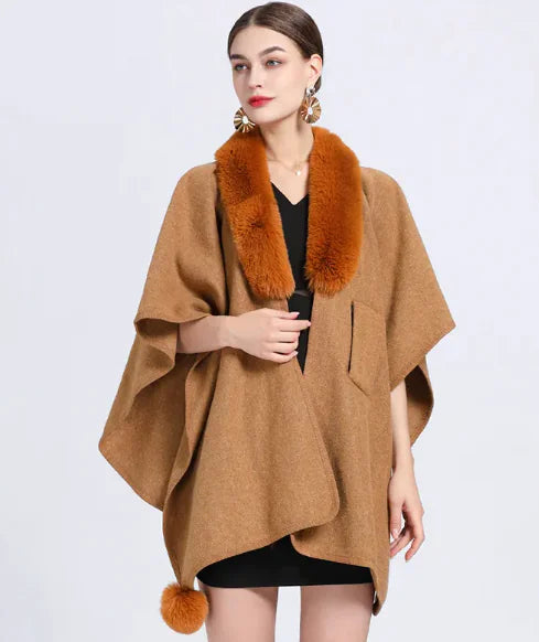 Rex Rabbit Fur Collar Knitted Cape