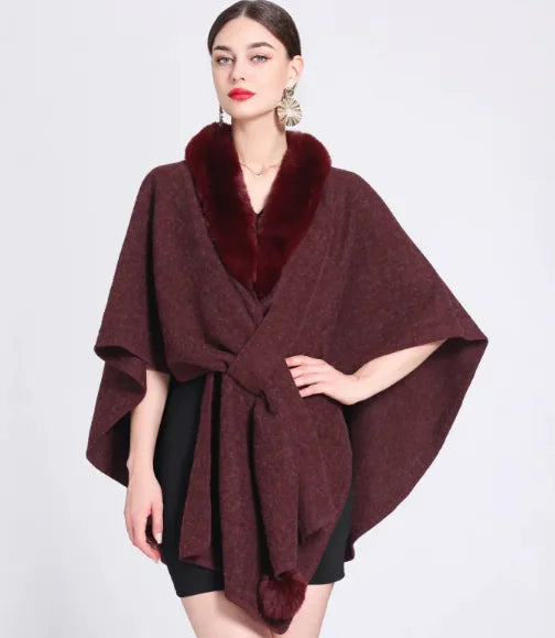 Rex Rabbit Fur Collar Knitted Cape